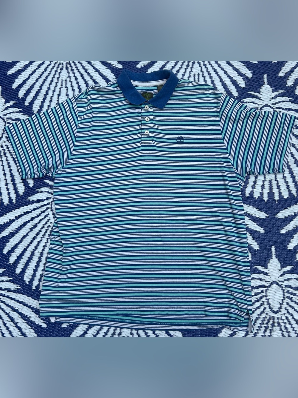 🌺Vintage Timberland Weathergear Blue, Teal & White Striped Polo Shirt - size L
